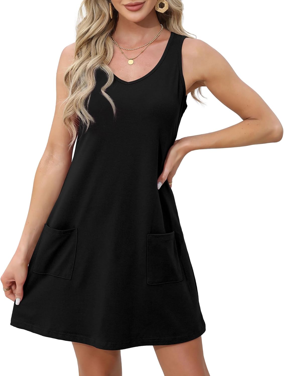Womens Summer Dresses Loose V Neck Sleeveless Sundresses Swimsuit with Pockets - Picture 88 of 194