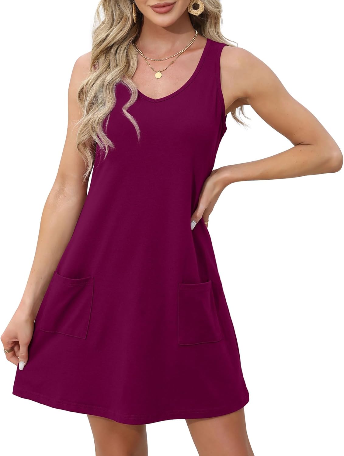 Womens Summer Dresses Loose V Neck Sleeveless Sundresses Swimsuit with Pockets - Picture 96 of 194