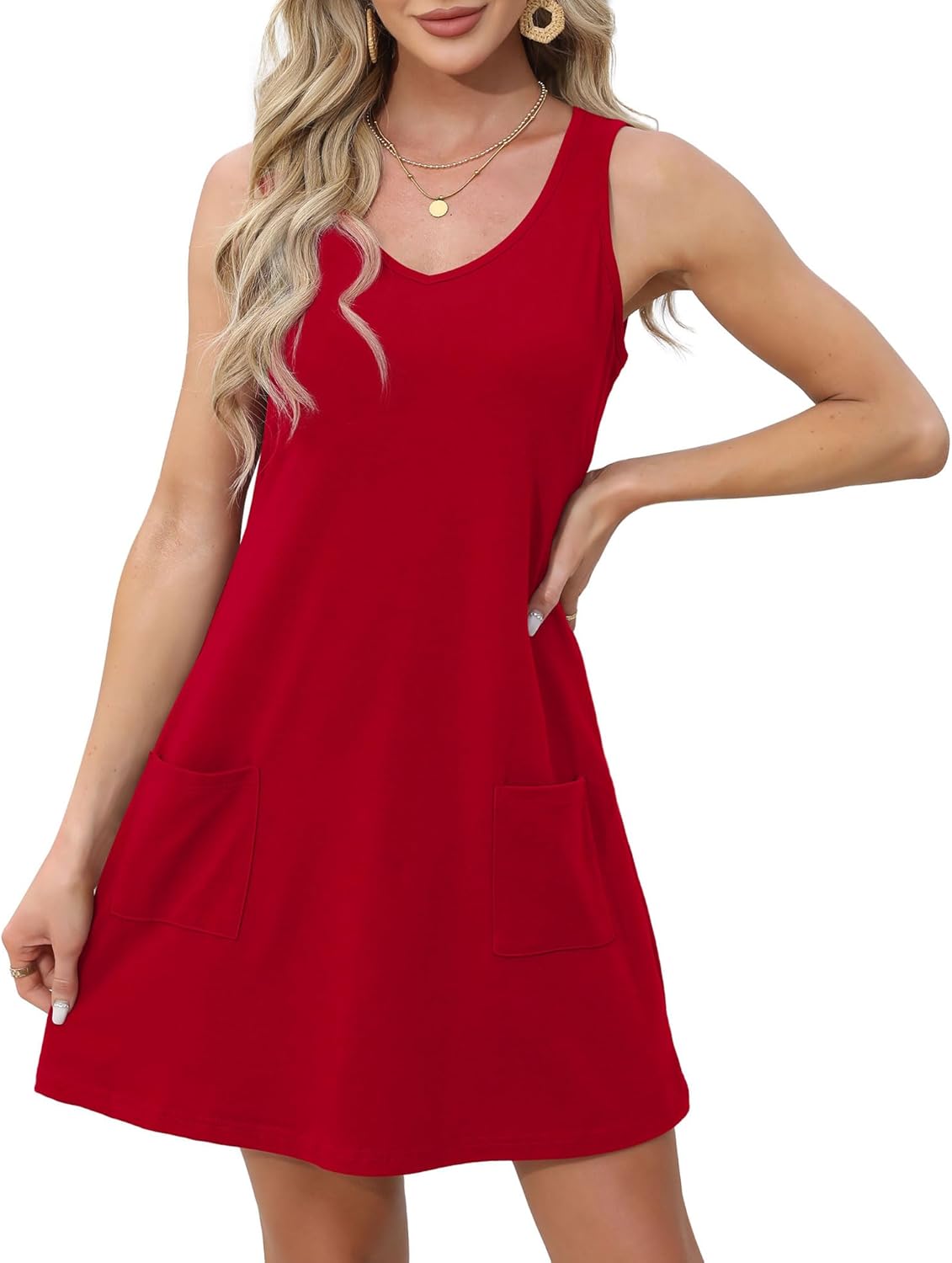 Womens Summer Dresses Loose V Neck Sleeveless Sundresses Swimsuit with Pockets - Picture 101 of 194