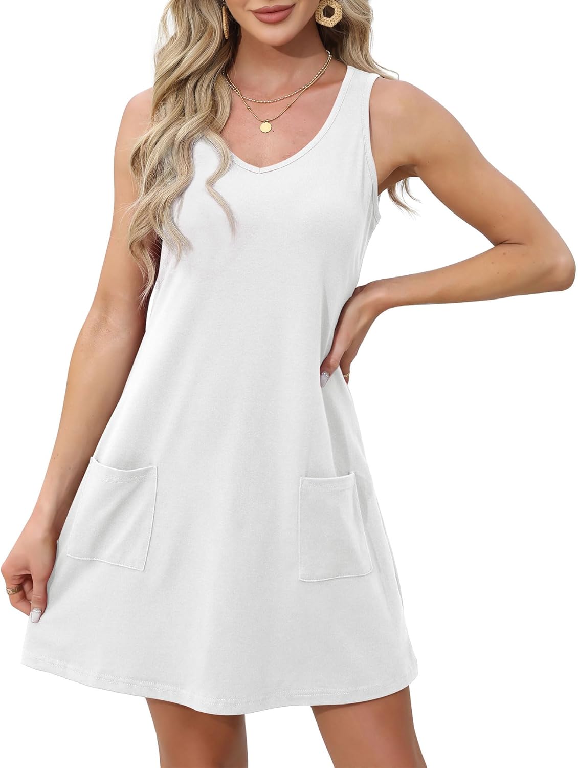 Womens Summer Dresses Loose V Neck Sleeveless Sundresses Swimsuit with Pockets - Picture 106 of 194
