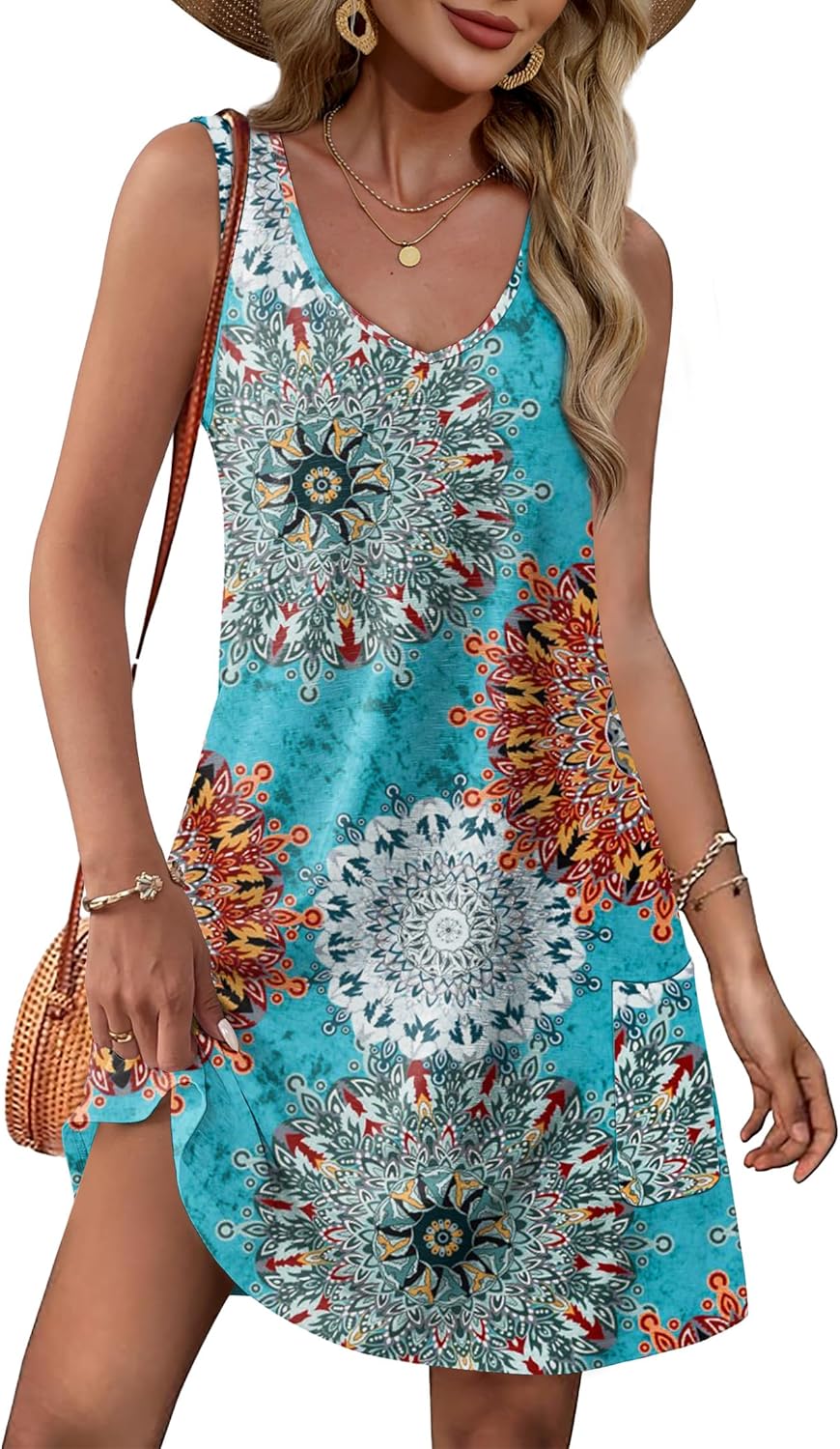 Womens Summer Dresses Loose V Neck Sleeveless Sundresses Swimsuit with Pockets - Picture 164 of 194