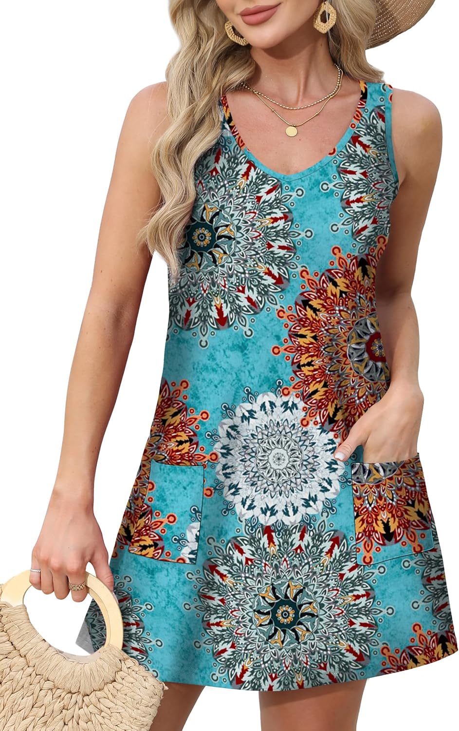 Womens Summer Dresses Loose V Neck Sleeveless Sundresses Swimsuit with Pockets - Picture 165 of 194