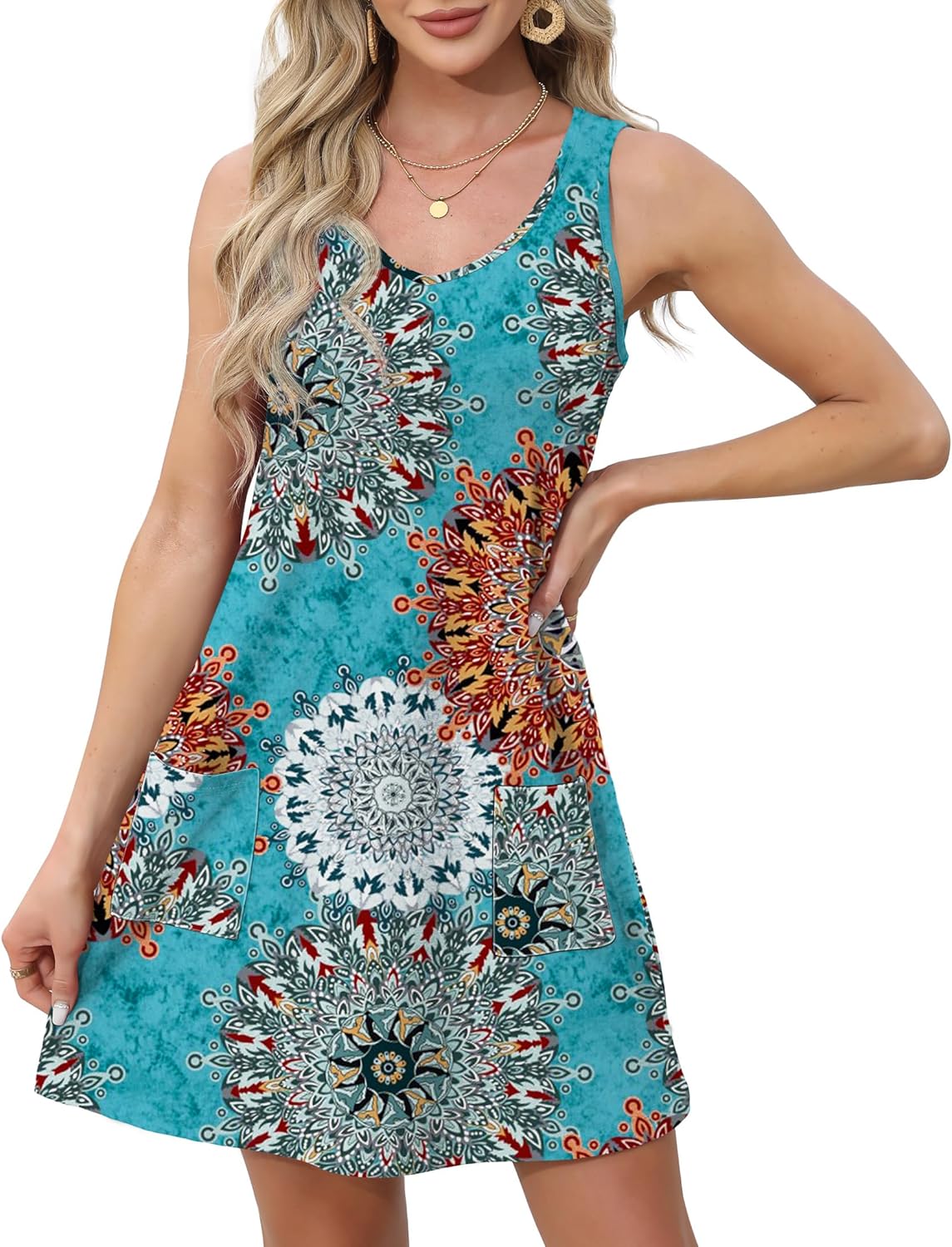 Womens Summer Dresses Loose V Neck Sleeveless Sundresses Swimsuit with Pockets - Picture 166 of 194