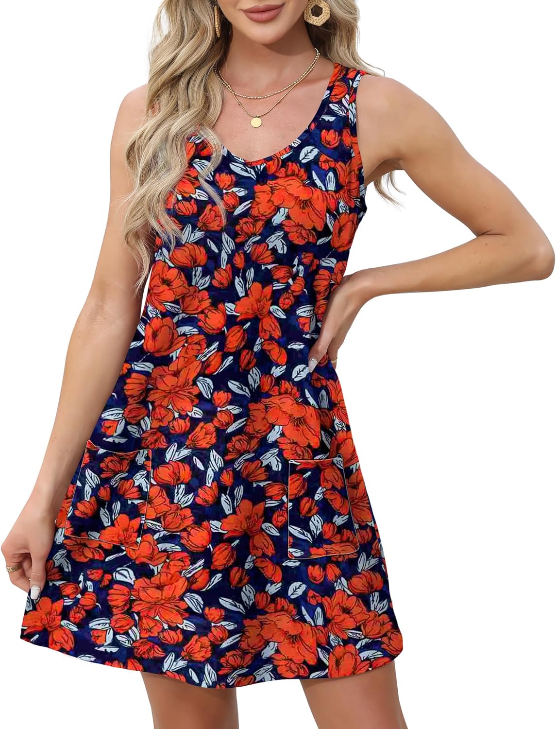 Womens Summer Dresses Loose V Neck Sleeveless Sundresses Swimsuit with Pockets - Picture 184 of 194