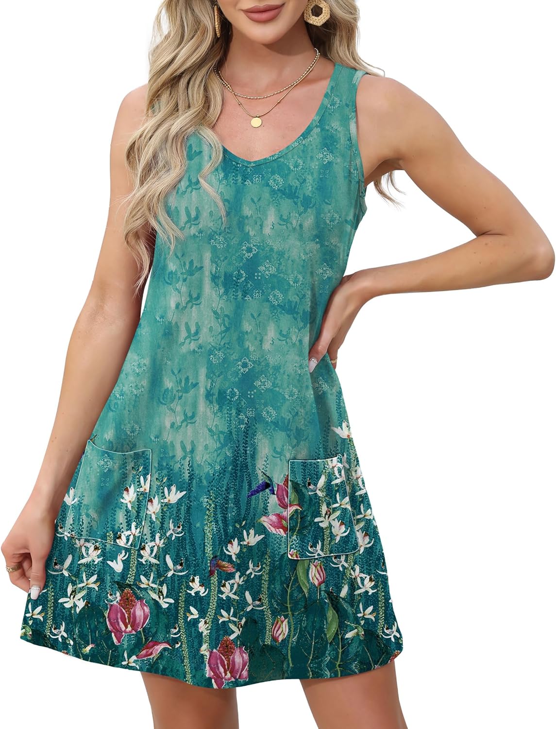 Womens Summer Dresses Loose V Neck Sleeveless Sundresses Swimsuit with Pockets - Picture 189 of 194