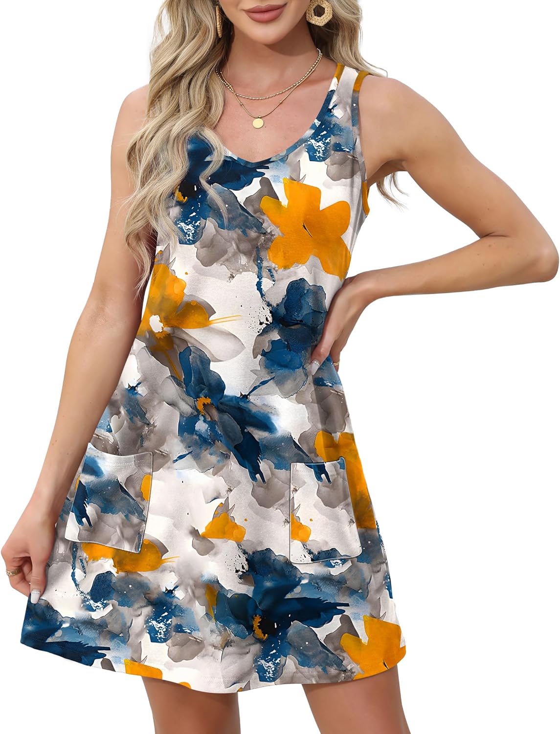 Womens Summer Dresses Loose V Neck Sleeveless Sundresses Swimsuit with Pockets - Picture 193 of 194