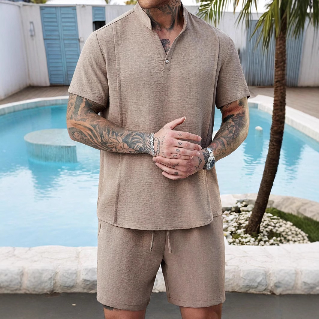 Verano Nuevo Conjunto de Camiseta + Pantalones Cortos Chinos Henry Cuello Alto Para Hombre Traje de Atletismo - Imagen 8 de 8