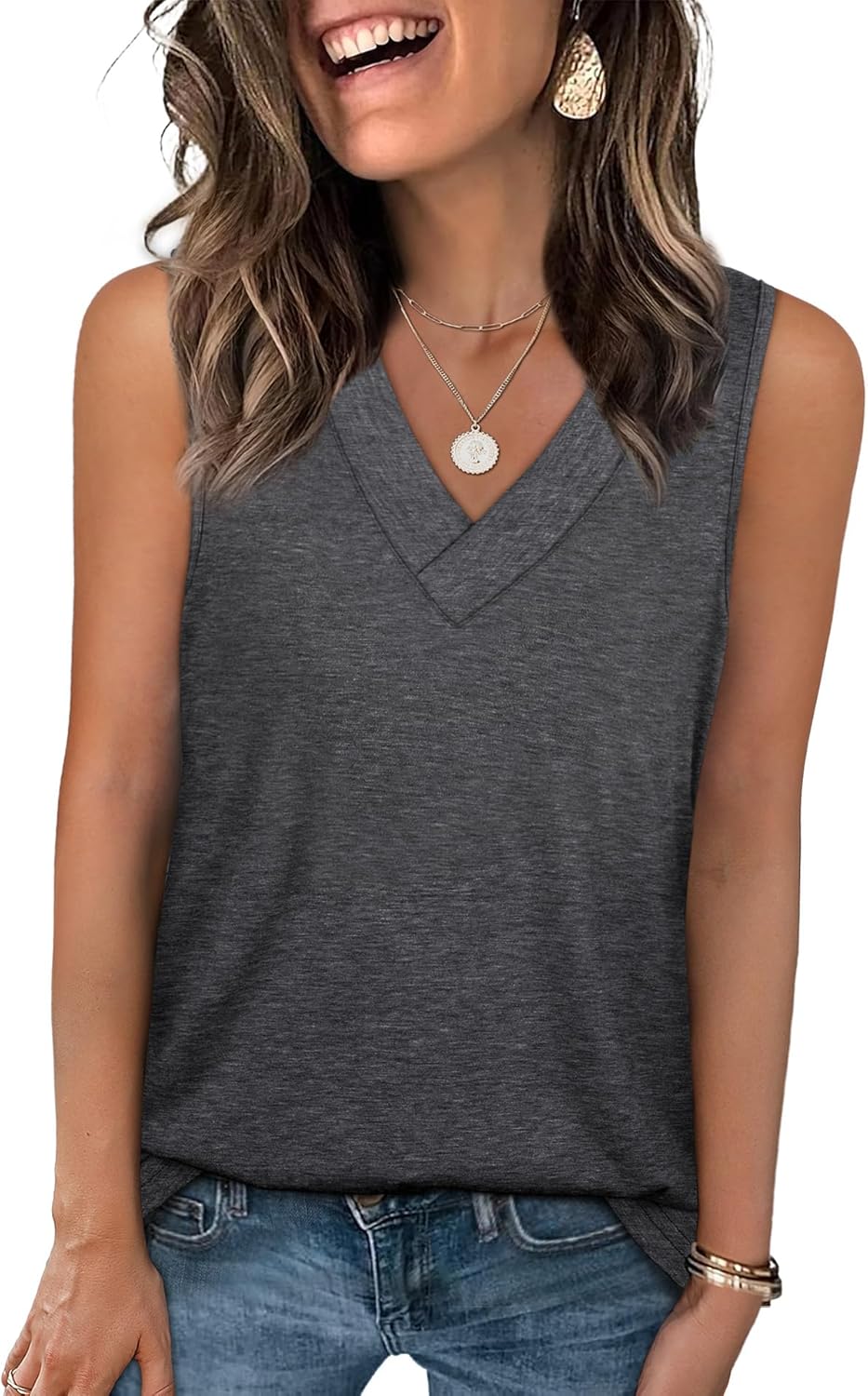 Tank Tops for Women Summer V Neck T Shirts Trendy Sleeveless Basic Tee Loose Fit - Picture 17 of 85