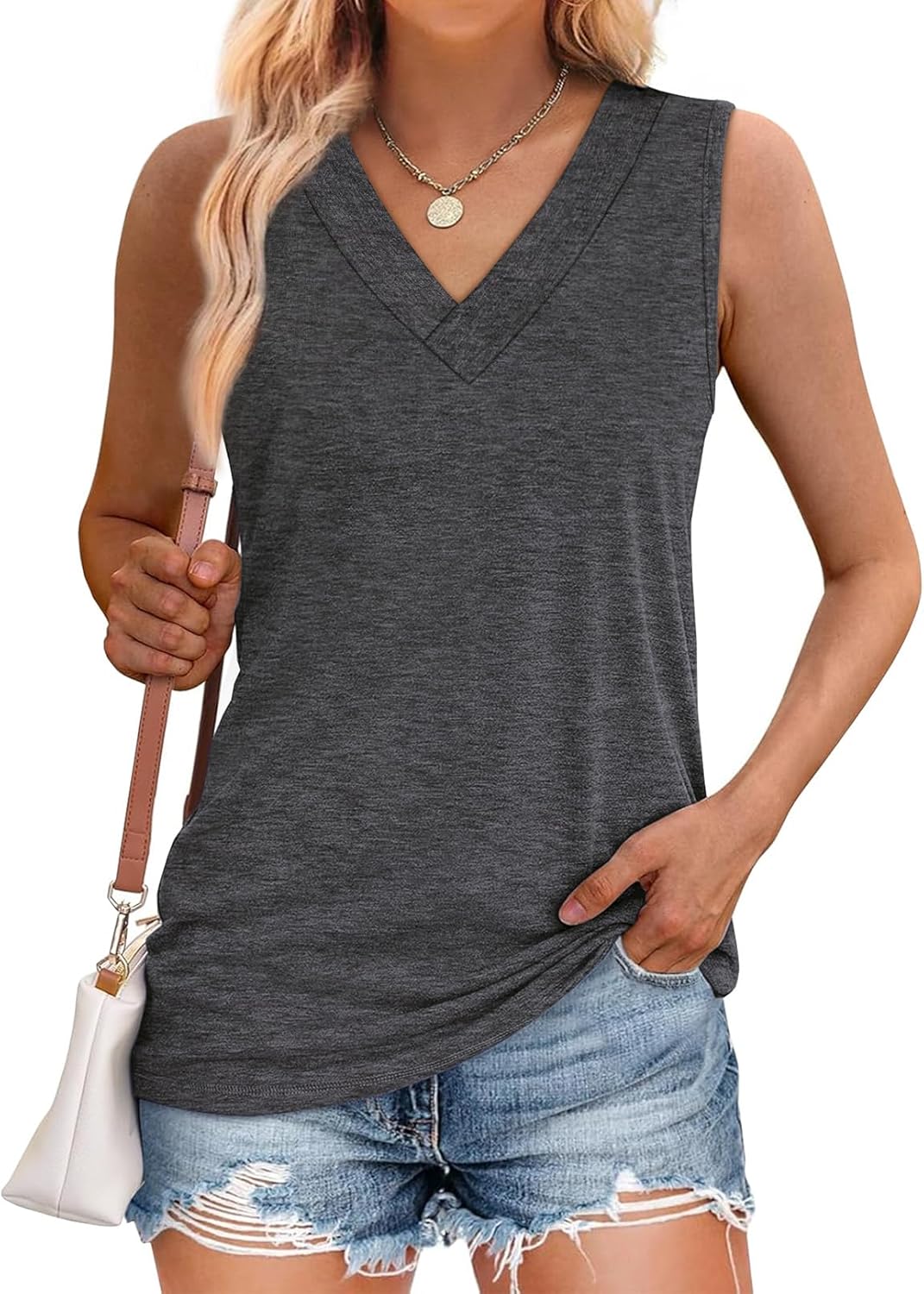 Tank Tops for Women Summer V Neck T Shirts Trendy Sleeveless Basic Tee Loose Fit - Picture 18 of 85