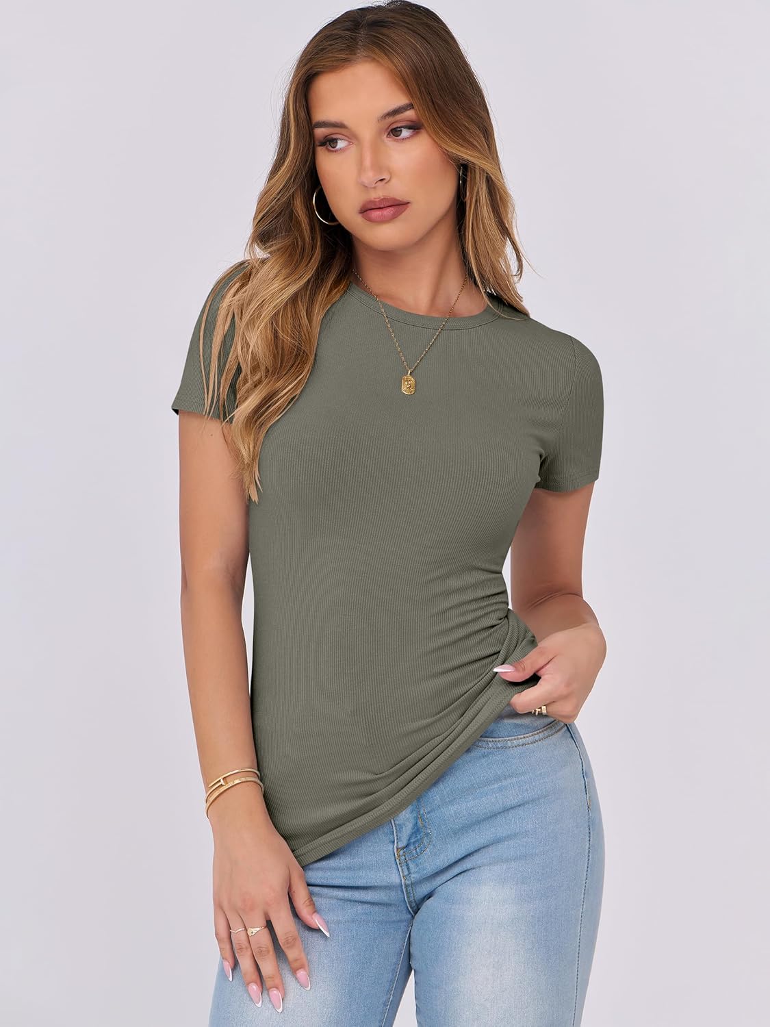 Mujeres Manga Corta Cuello Redondo Ajustado Camisas Verano Camiseta Básica Camiseta Prendas para el torso - Imagen 35 de 186
