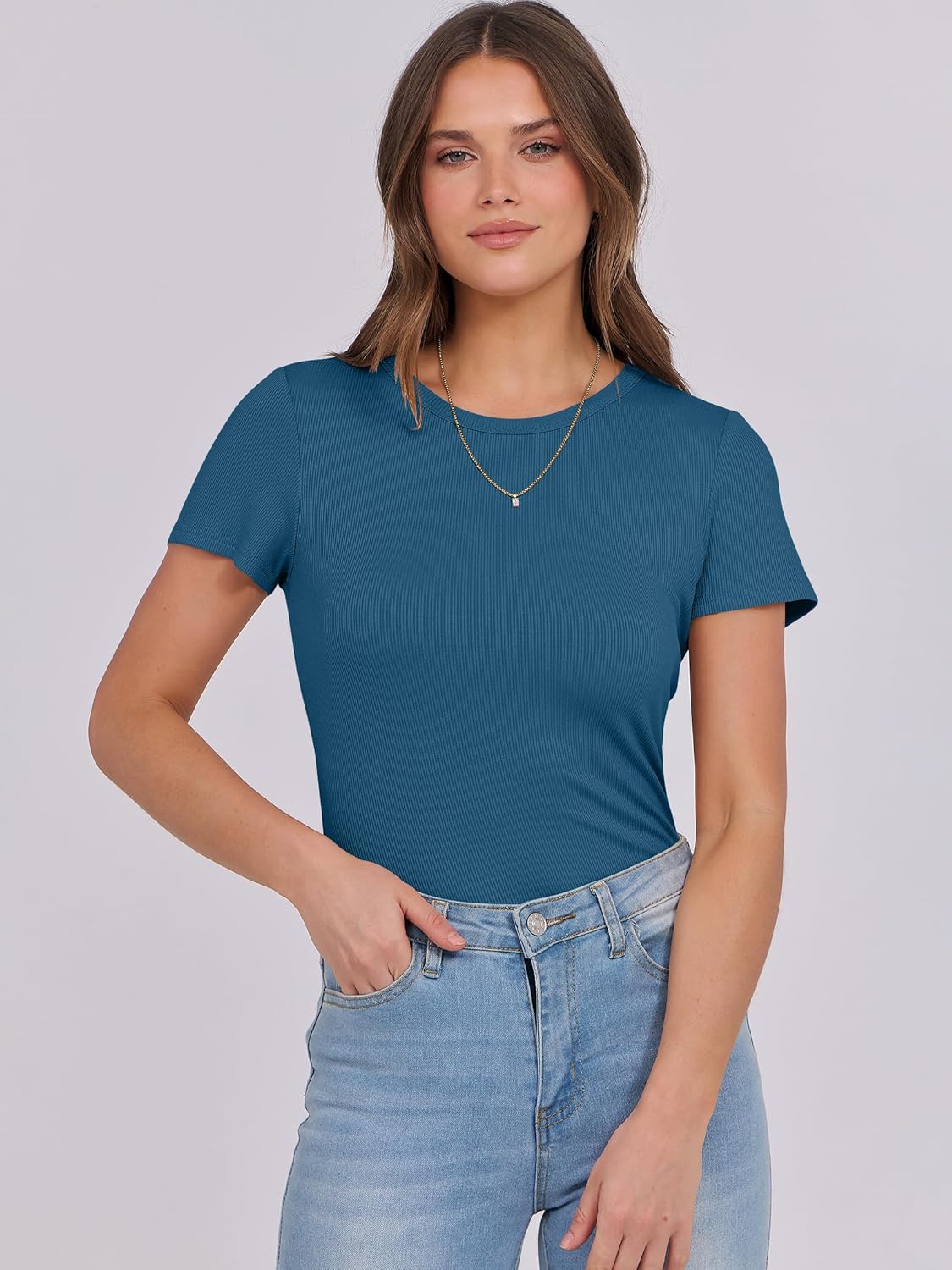 Mujeres Manga Corta Cuello Redondo Ajustado Camisas Verano Camiseta Básica Camiseta Prendas para el torso - Imagen 53 de 186