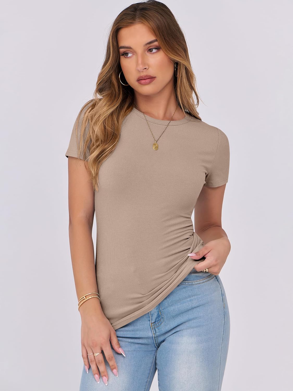 Mujeres Manga Corta Cuello Redondo Ajustado Camisas Verano Camiseta Básica Camiseta Prendas para el torso - Imagen 56 de 186