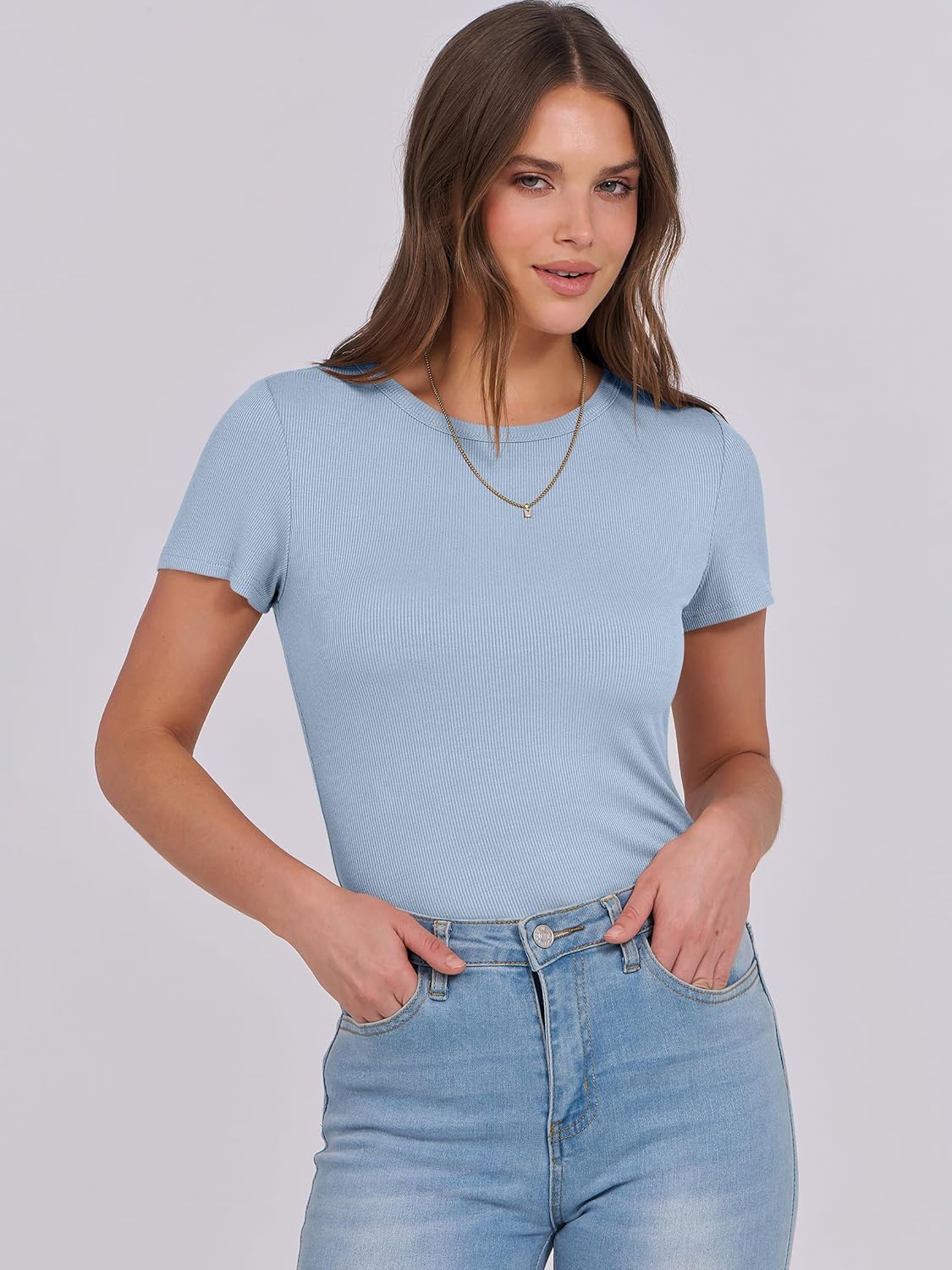 Mujeres Manga Corta Cuello Redondo Ajustado Camisas Verano Camiseta Básica Camiseta Prendas para el torso - Imagen 62 de 186