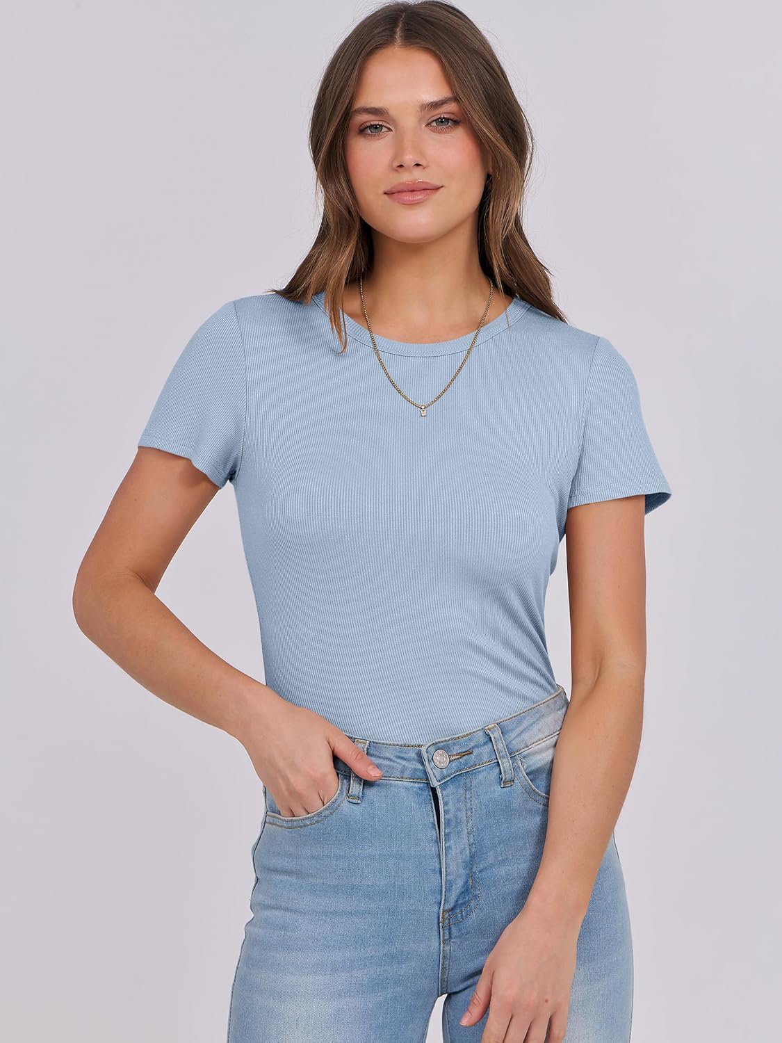 Mujeres Manga Corta Cuello Redondo Ajustado Camisas Verano Camiseta Básica Camiseta Prendas para el torso - Imagen 67 de 186