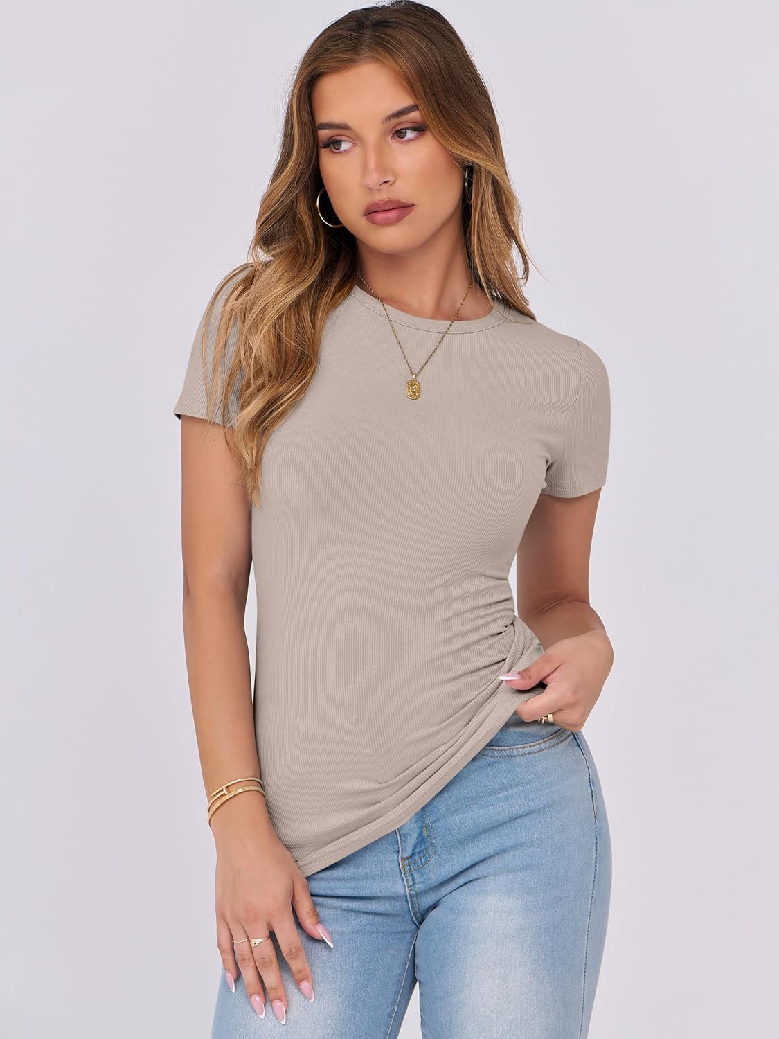 Mujeres Manga Corta Cuello Redondo Ajustado Camisas Verano Camiseta Básica Camiseta Prendas para el torso - Imagen 70 de 186