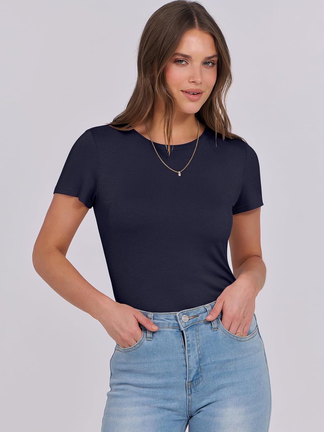 Mujeres Manga Corta Cuello Redondo Ajustado Camisas Verano Camiseta Básica Camiseta Prendas para el torso - Imagen 76 de 186