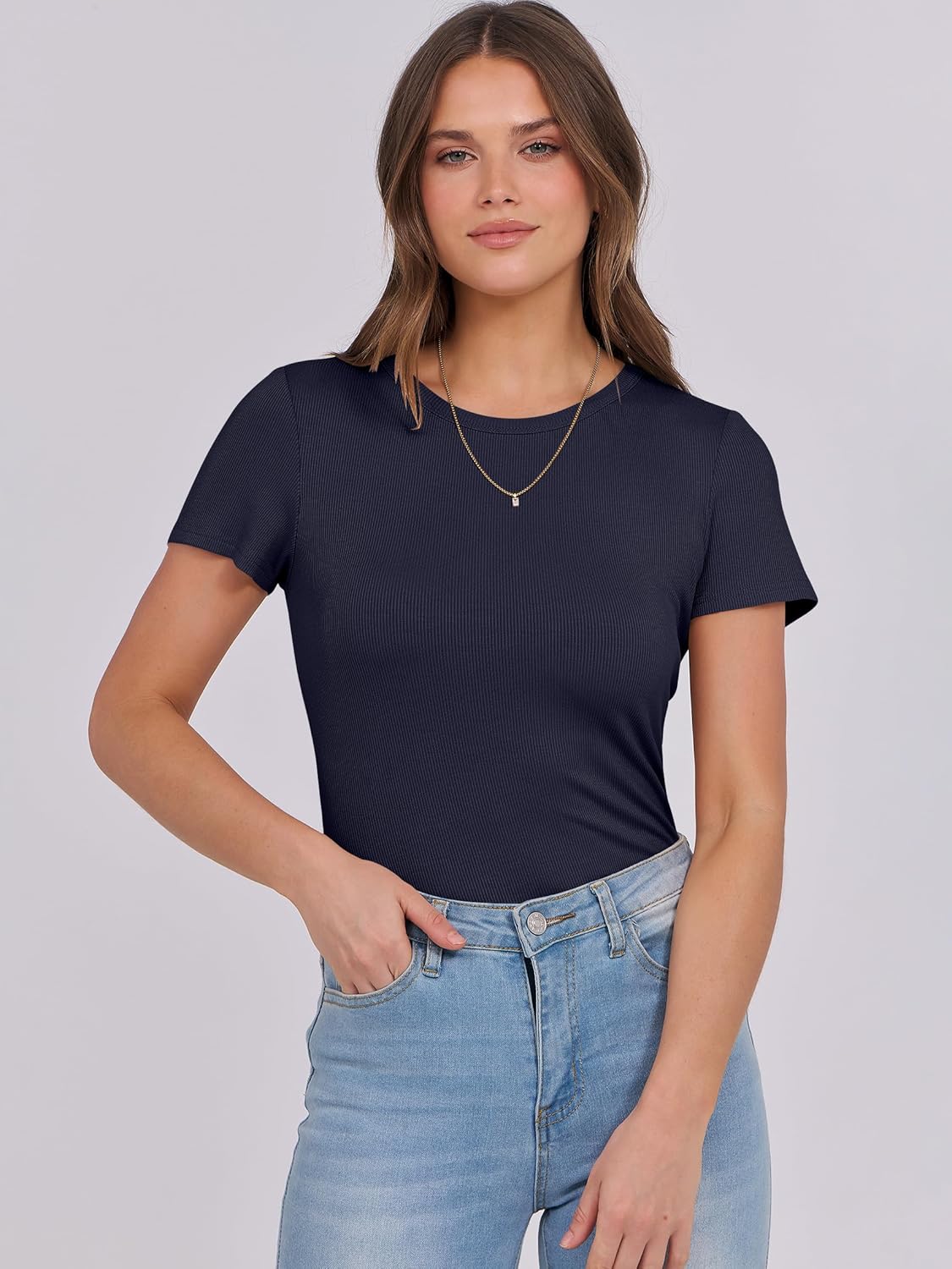 Mujeres Manga Corta Cuello Redondo Ajustado Camisas Verano Camiseta Básica Camiseta Prendas para el torso - Imagen 81 de 186