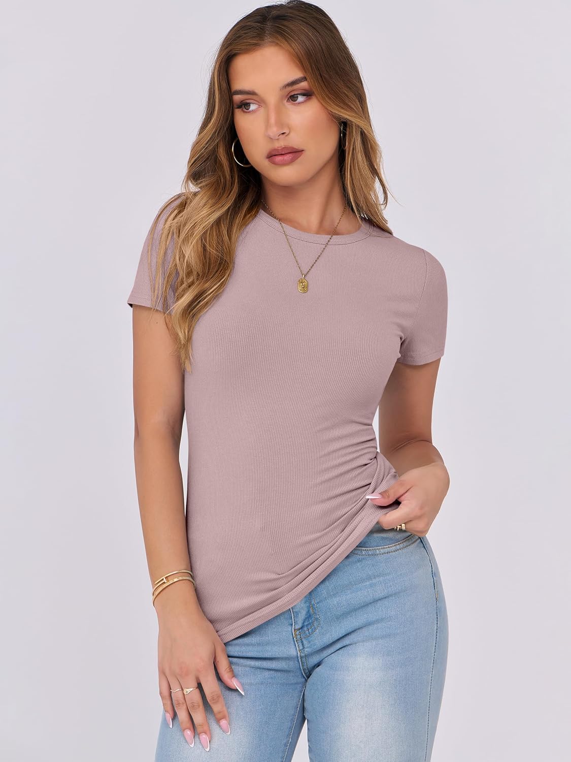 Mujeres Manga Corta Cuello Redondo Ajustado Camisas Verano Camiseta Básica Camiseta Prendas para el torso - Imagen 84 de 186