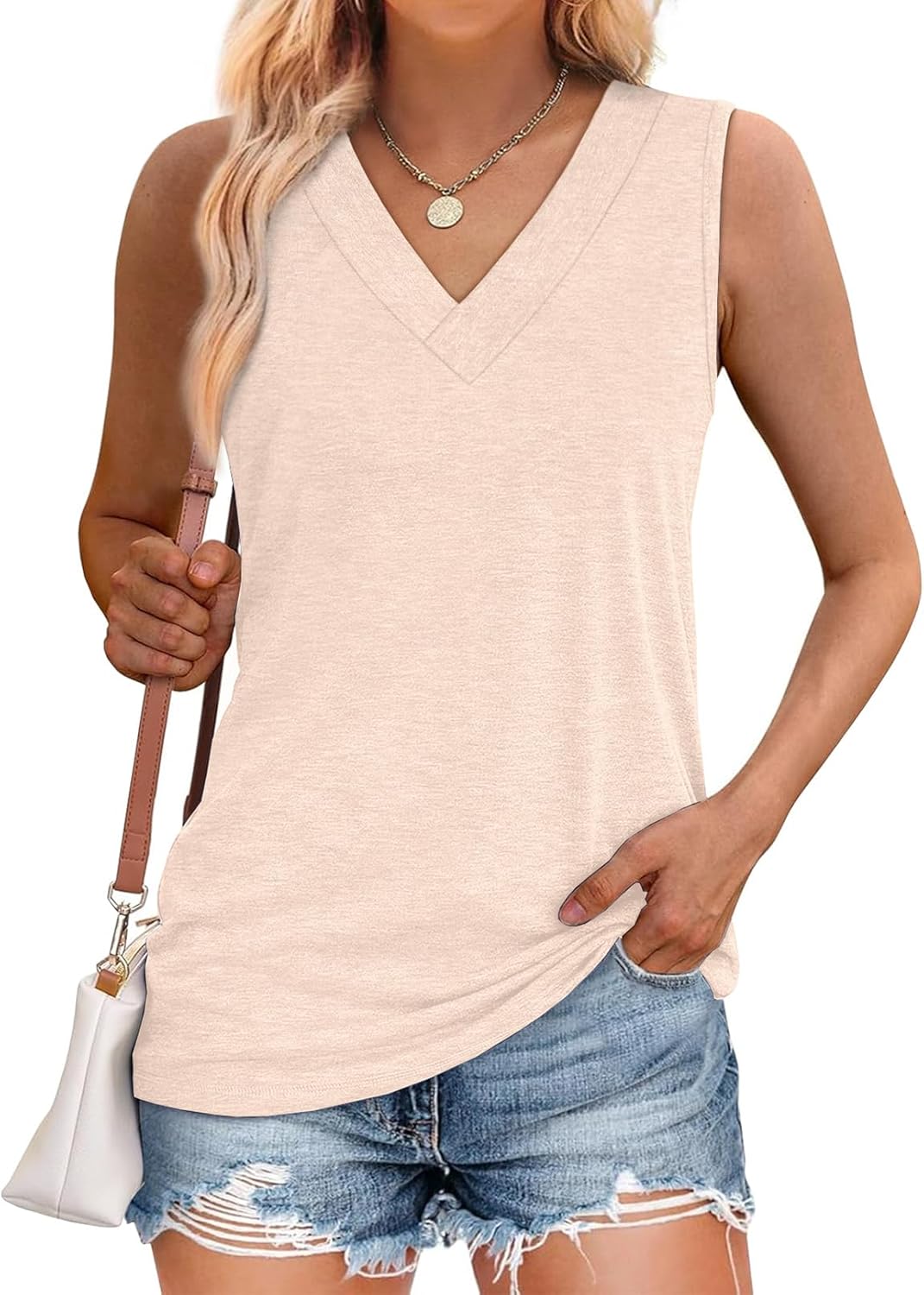 Tank Tops for Women Summer V Neck T Shirts Trendy Sleeveless Basic Tee Loose Fit - Picture 23 of 85