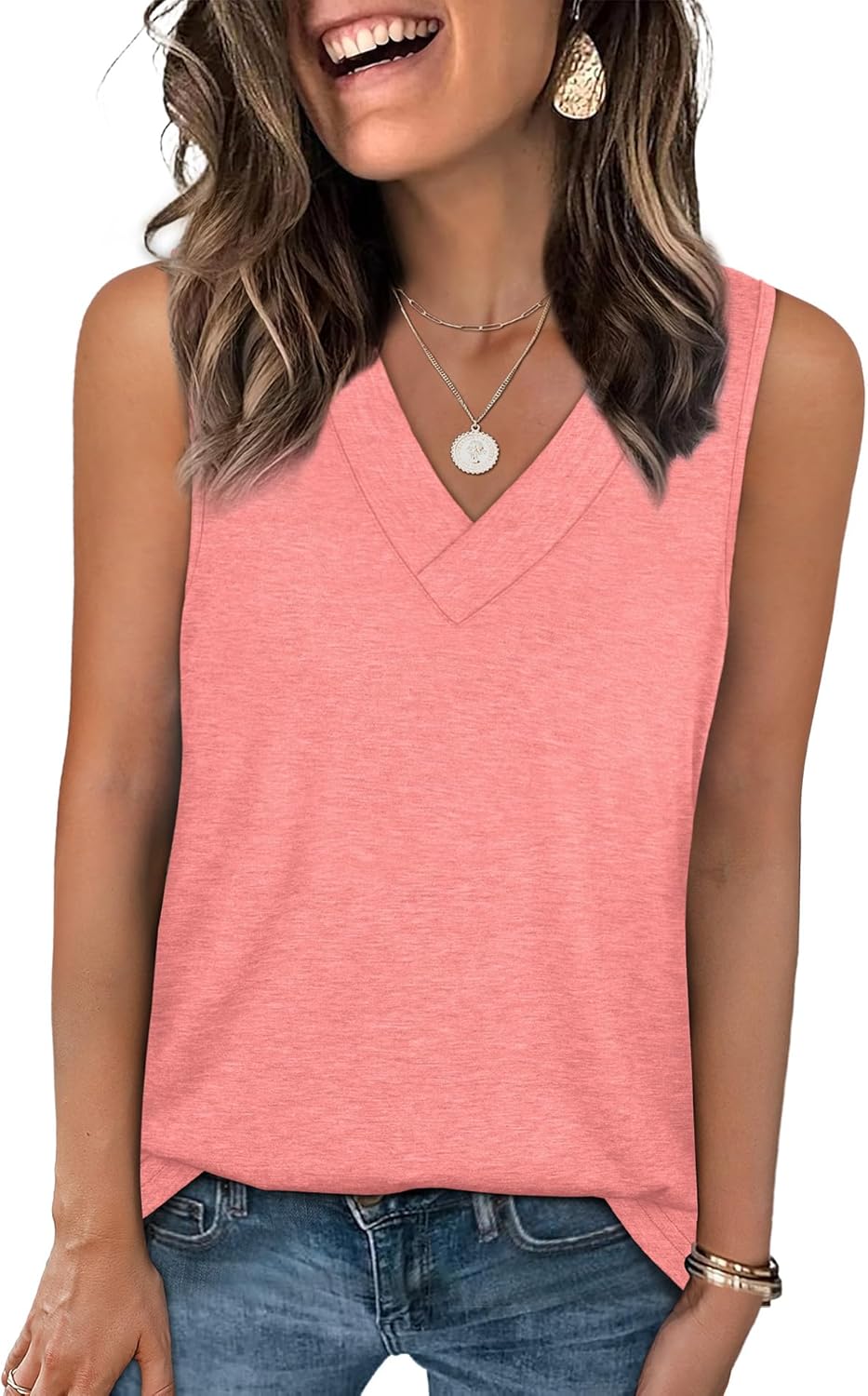 Tank Tops for Women Summer V Neck T Shirts Trendy Sleeveless Basic Tee Loose Fit - Picture 27 of 85