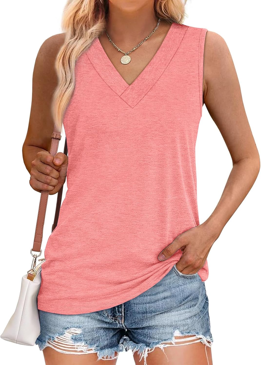 Tank Tops for Women Summer V Neck T Shirts Trendy Sleeveless Basic Tee Loose Fit - Picture 28 of 85