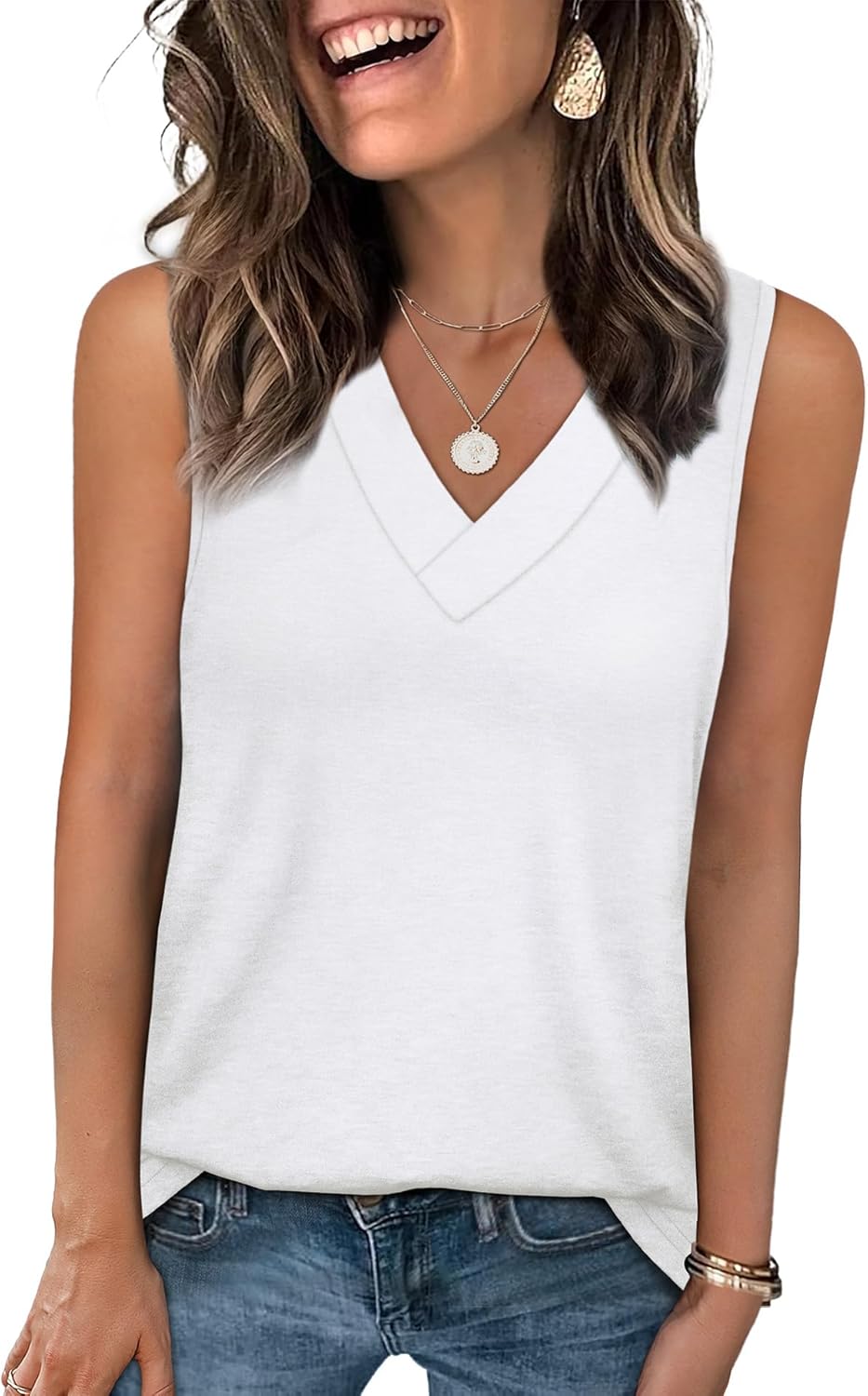 Tank Tops for Women Summer V Neck T Shirts Trendy Sleeveless Basic Tee Loose Fit - Picture 31 of 85