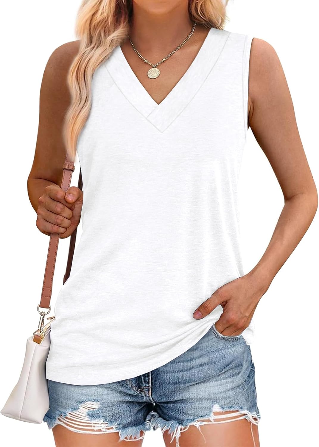 Tank Tops for Women Summer V Neck T Shirts Trendy Sleeveless Basic Tee Loose Fit - Picture 32 of 85