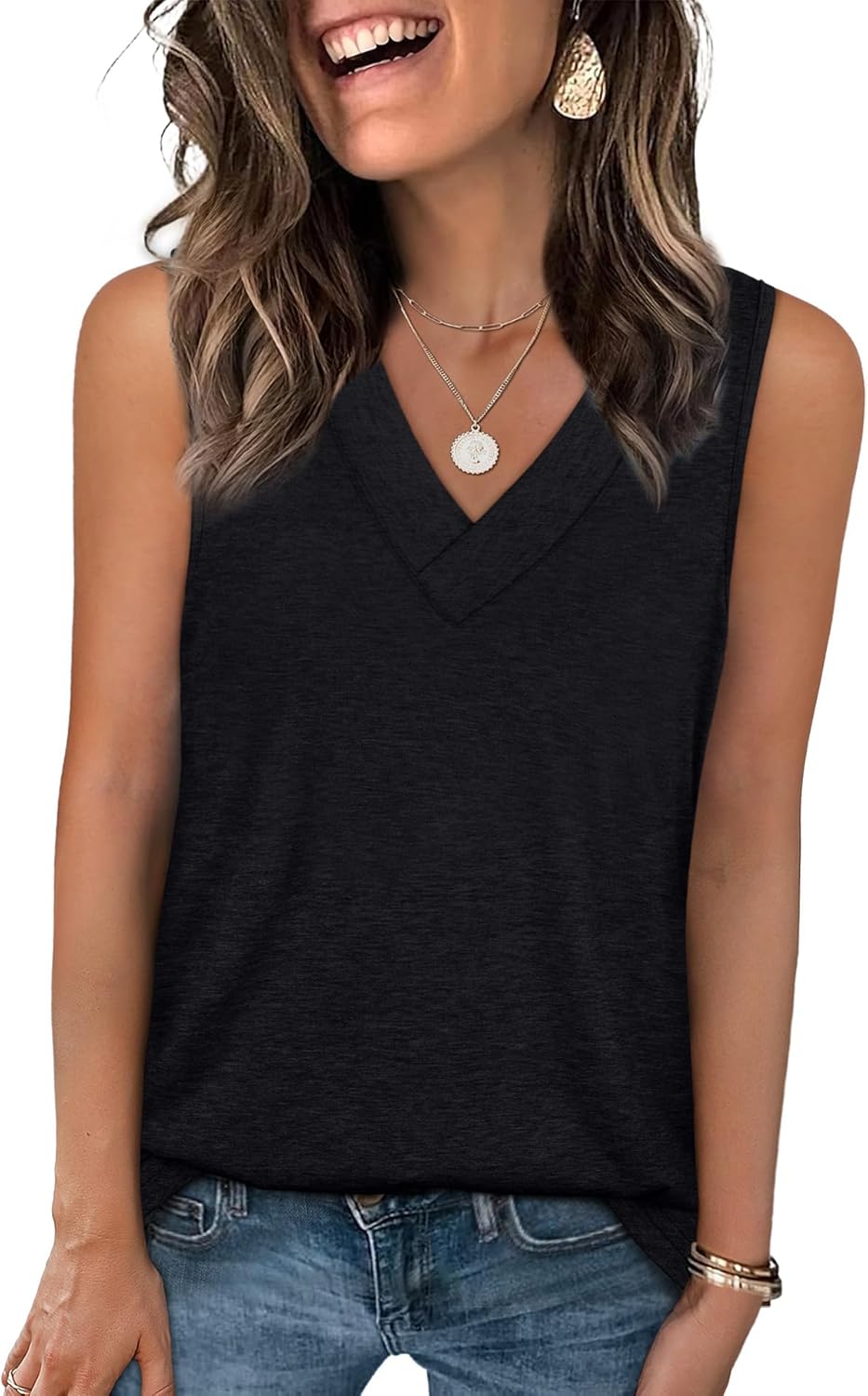 Tank Tops for Women Summer V Neck T Shirts Trendy Sleeveless Basic Tee Loose Fit - Picture 36 of 85