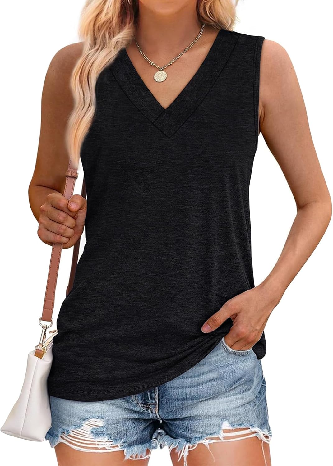 Tank Tops for Women Summer V Neck T Shirts Trendy Sleeveless Basic Tee Loose Fit - Picture 37 of 85