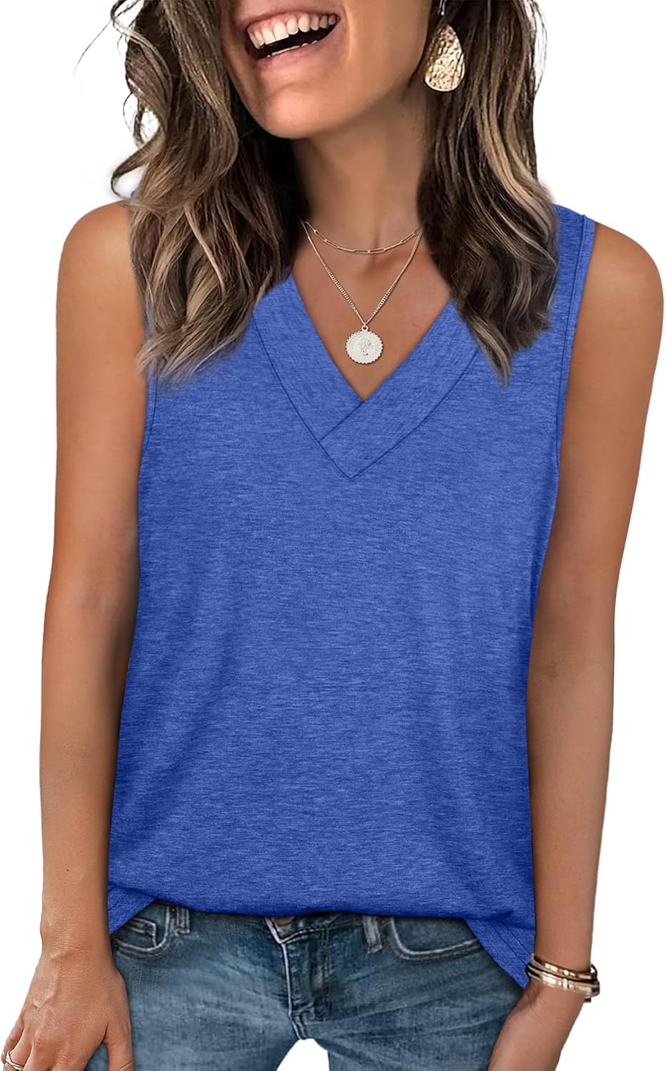Tank Tops for Women Summer V Neck T Shirts Trendy Sleeveless Basic Tee Loose Fit - Picture 41 of 85