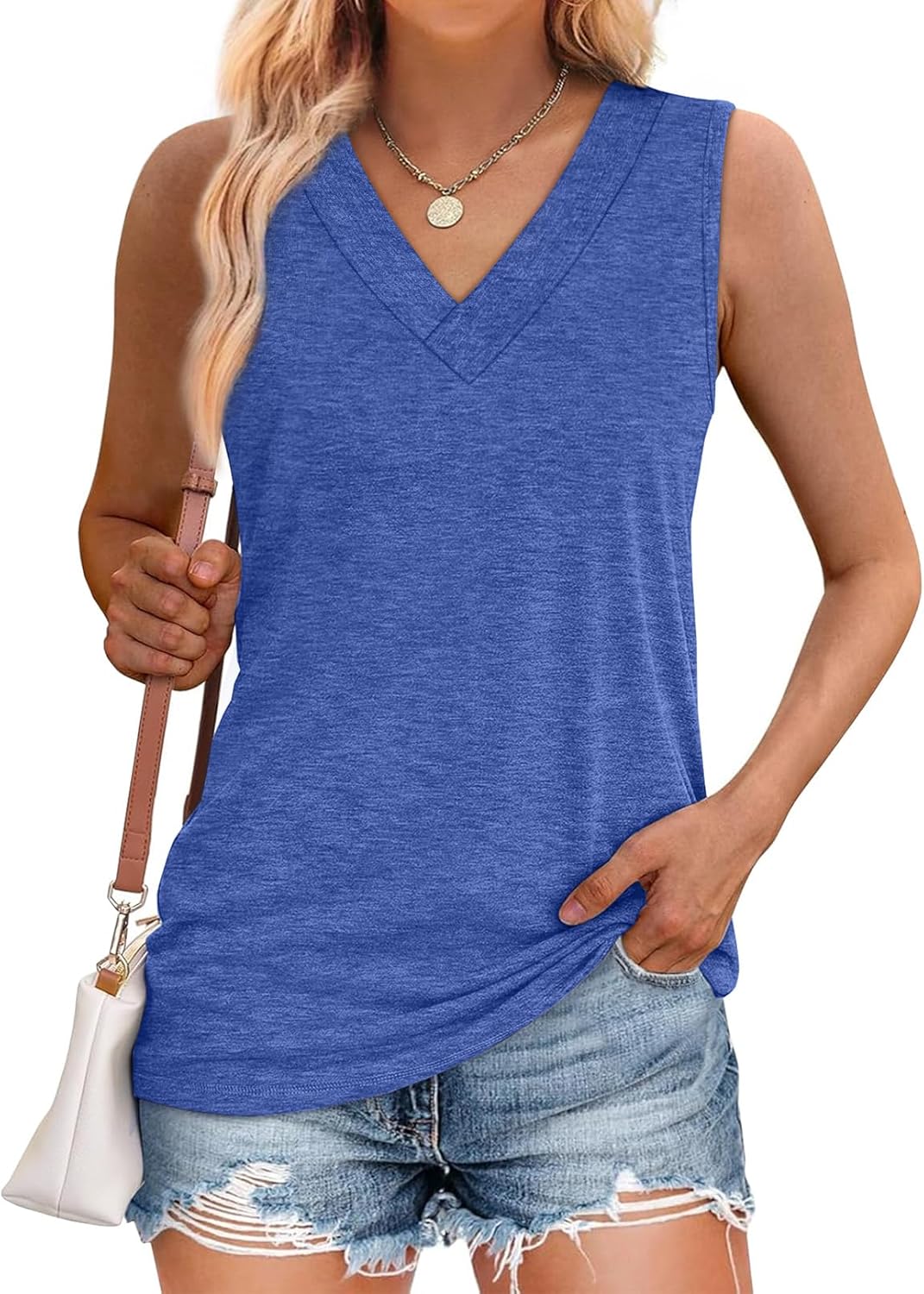 Tank Tops for Women Summer V Neck T Shirts Trendy Sleeveless Basic Tee Loose Fit - Picture 42 of 85