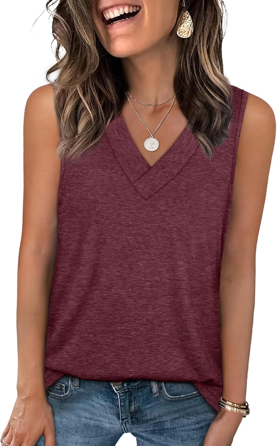 Tank Tops for Women Summer V Neck T Shirts Trendy Sleeveless Basic Tee Loose Fit - Picture 46 of 85