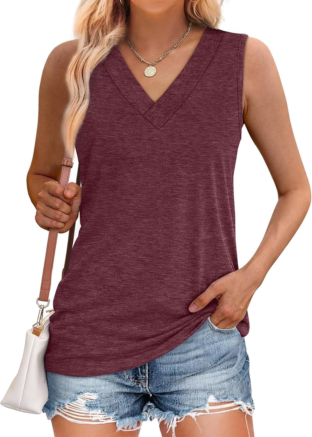 Tank Tops for Women Summer V Neck T Shirts Trendy Sleeveless Basic Tee Loose Fit - Picture 47 of 85