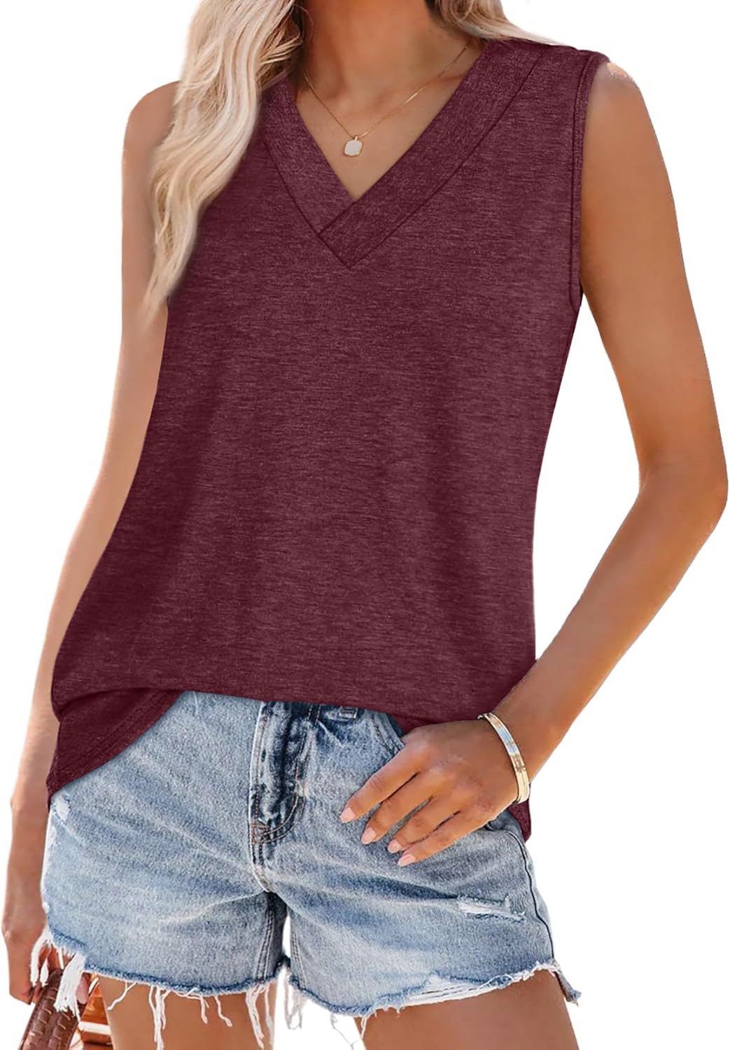 Tank Tops for Women Summer V Neck T Shirts Trendy Sleeveless Basic Tee Loose Fit - Picture 48 of 85