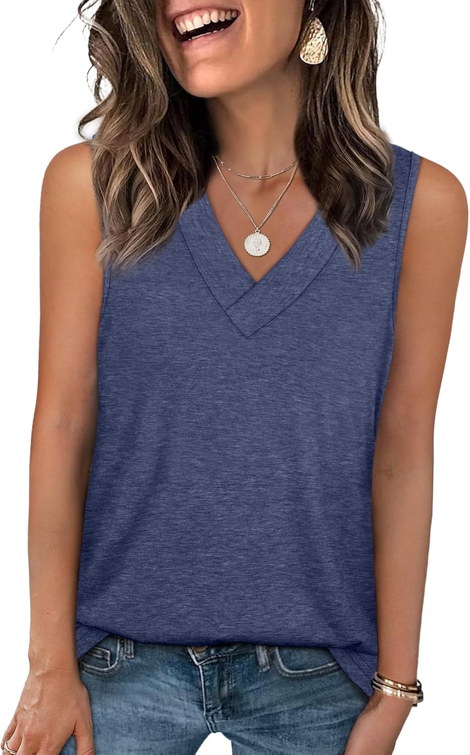 Tank Tops for Women Summer V Neck T Shirts Trendy Sleeveless Basic Tee Loose Fit - Picture 51 of 85