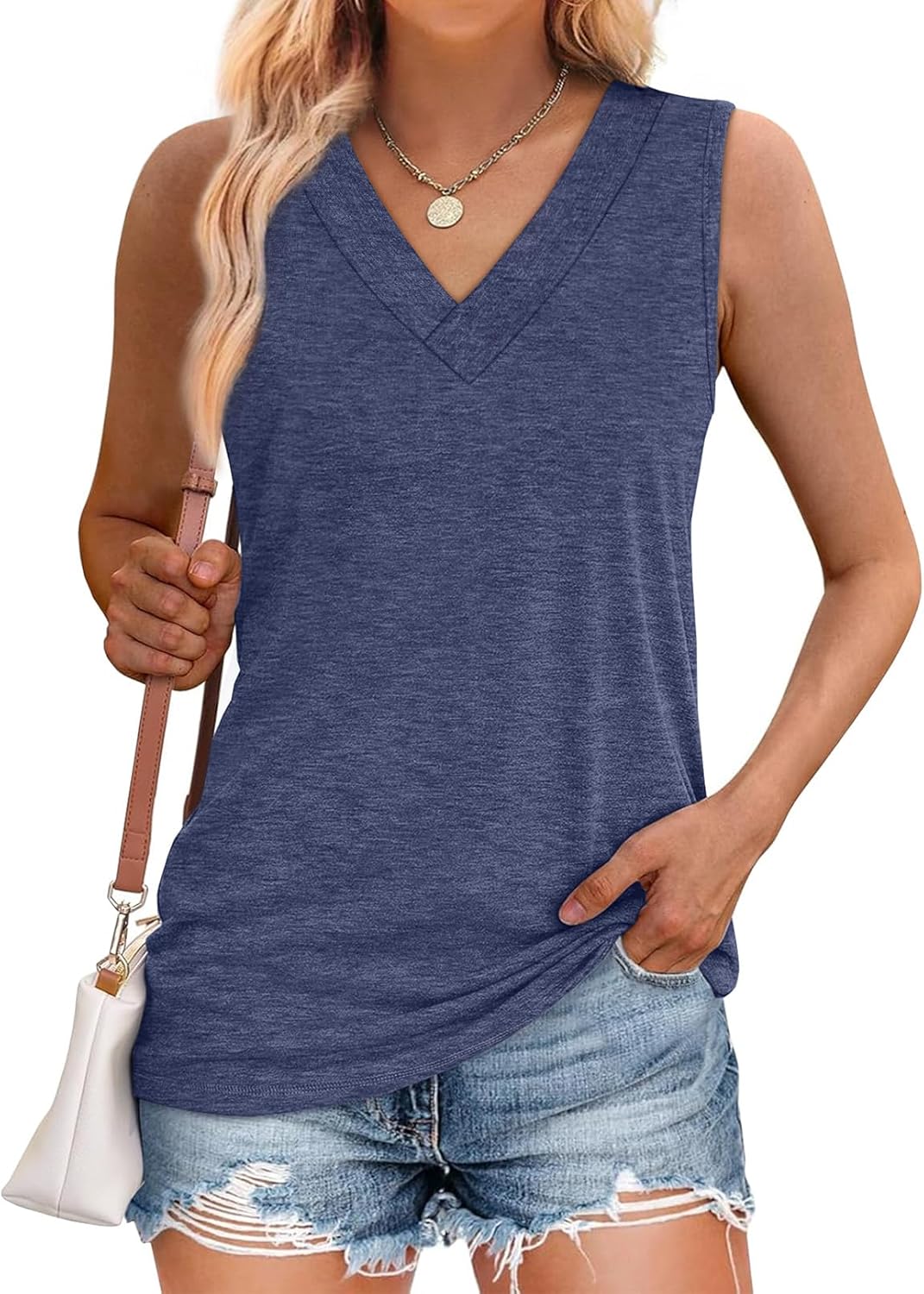 Tank Tops for Women Summer V Neck T Shirts Trendy Sleeveless Basic Tee Loose Fit - Picture 52 of 85