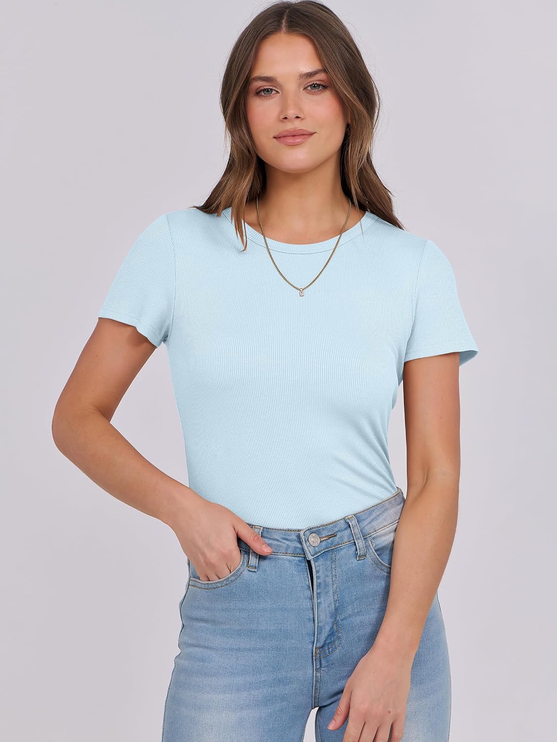 Mujeres Manga Corta Cuello Redondo Ajustado Camisas Verano Camiseta Básica Camiseta Prendas para el torso - Imagen 109 de 186