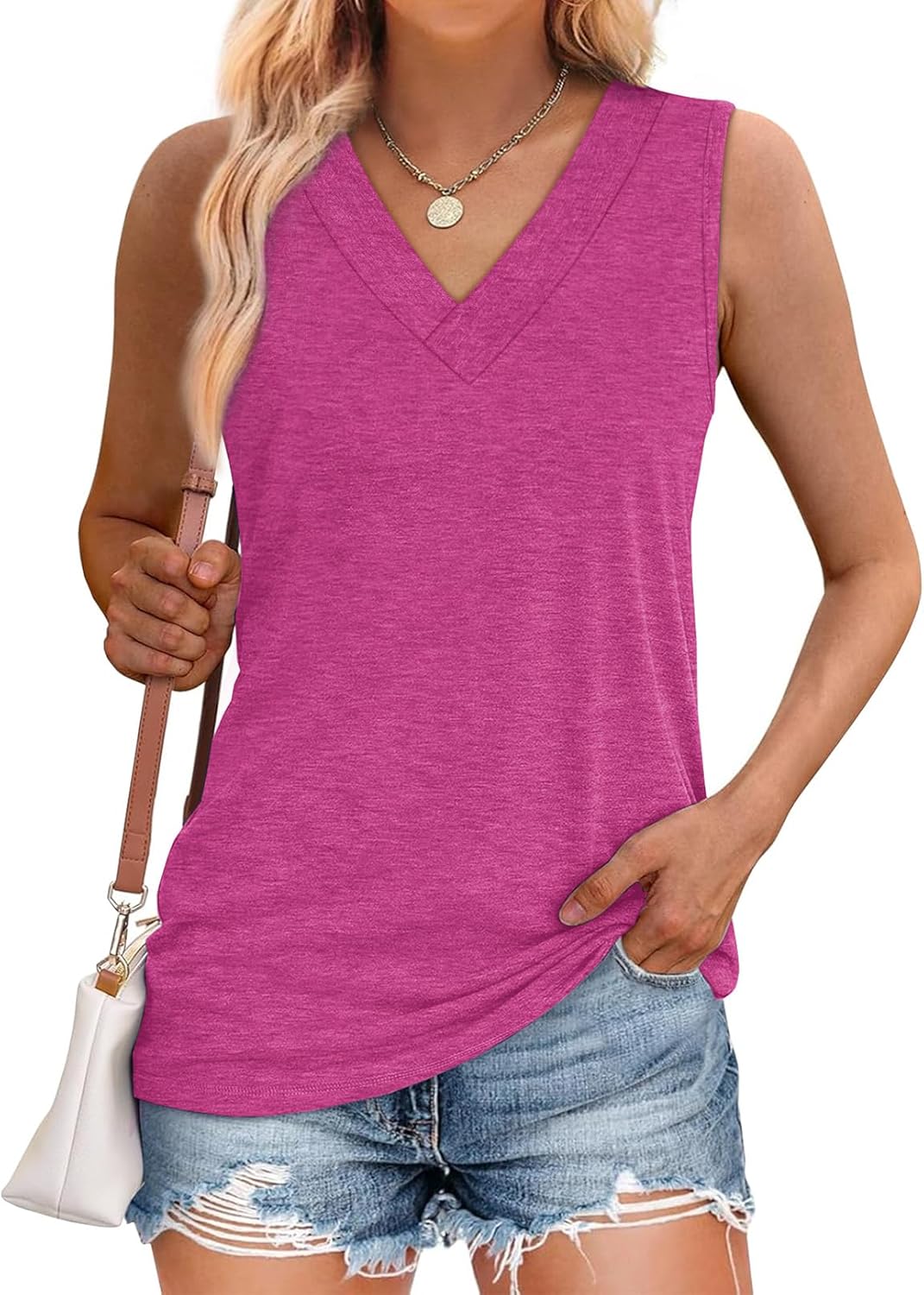 Tank Tops for Women Summer V Neck T Shirts Trendy Sleeveless Basic Tee Loose Fit - Picture 57 of 85