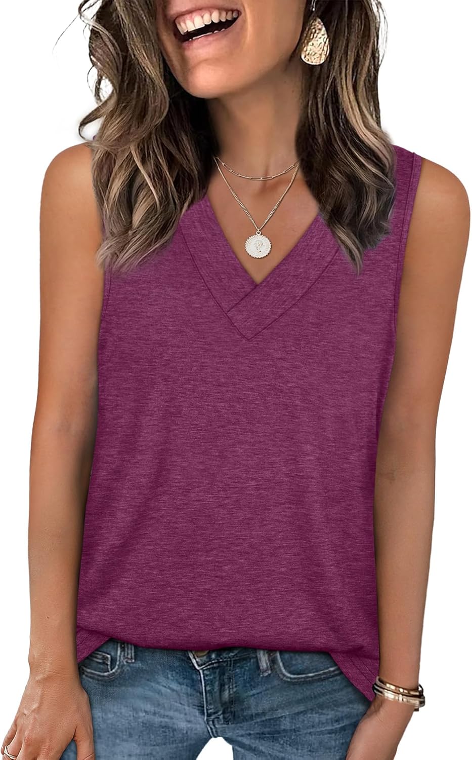 Tank Tops for Women Summer V Neck T Shirts Trendy Sleeveless Basic Tee Loose Fit - Picture 61 of 85