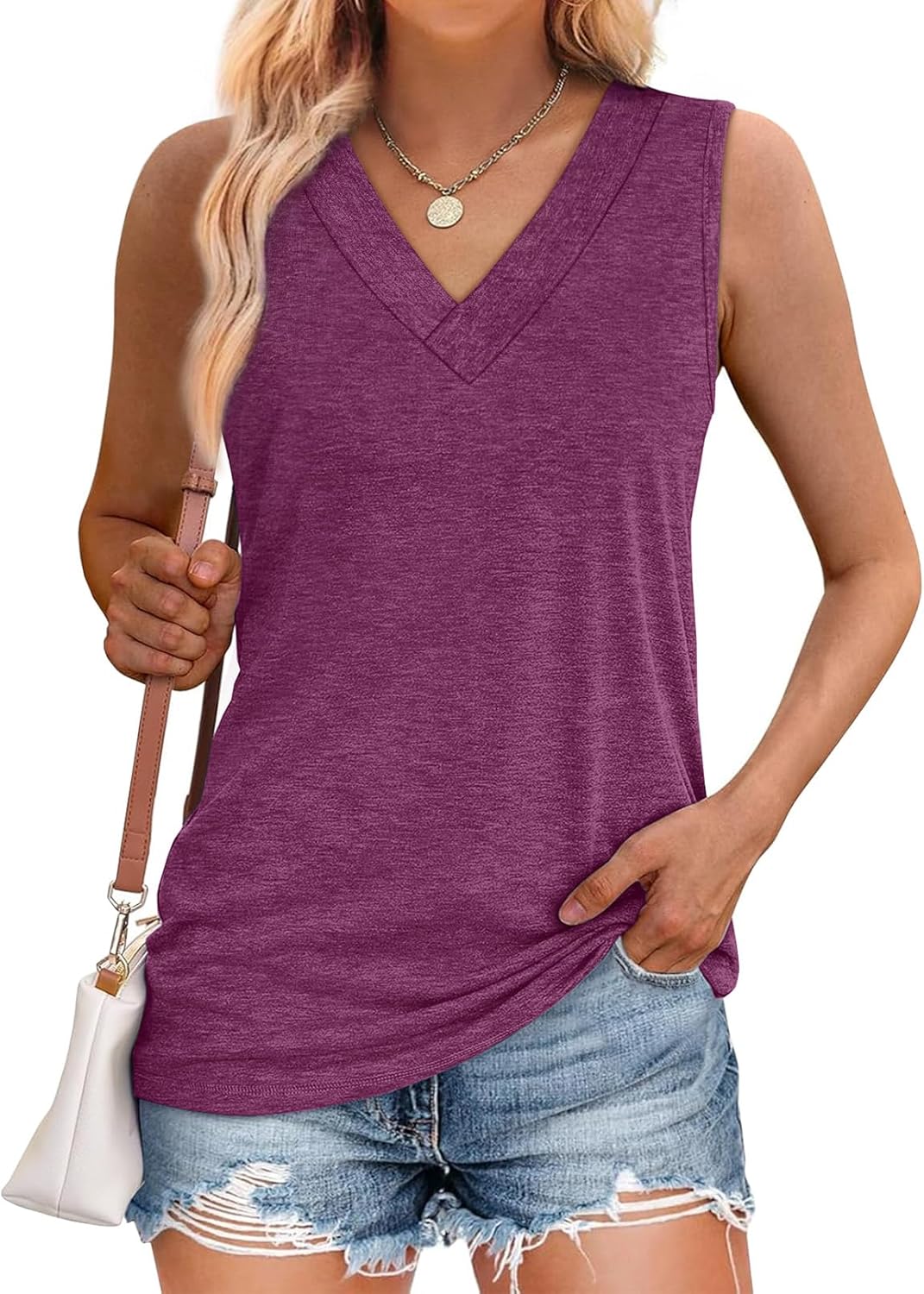 Tank Tops for Women Summer V Neck T Shirts Trendy Sleeveless Basic Tee Loose Fit - Picture 62 of 85