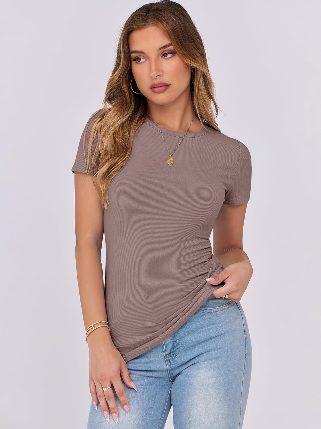 Mujeres Manga Corta Cuello Redondo Ajustado Camisas Verano Camiseta Básica Camiseta Prendas para el torso - Imagen 119 de 186