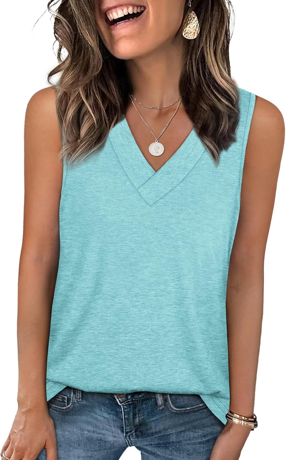 Tank Tops for Women Summer V Neck T Shirts Trendy Sleeveless Basic Tee Loose Fit - Picture 66 of 85