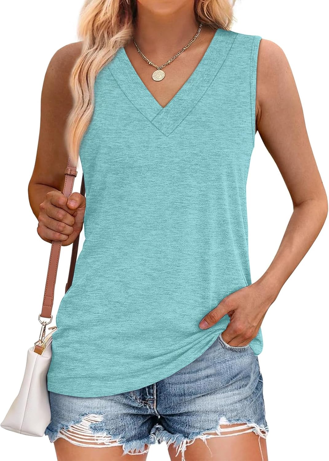 Tank Tops for Women Summer V Neck T Shirts Trendy Sleeveless Basic Tee Loose Fit - Picture 67 of 85