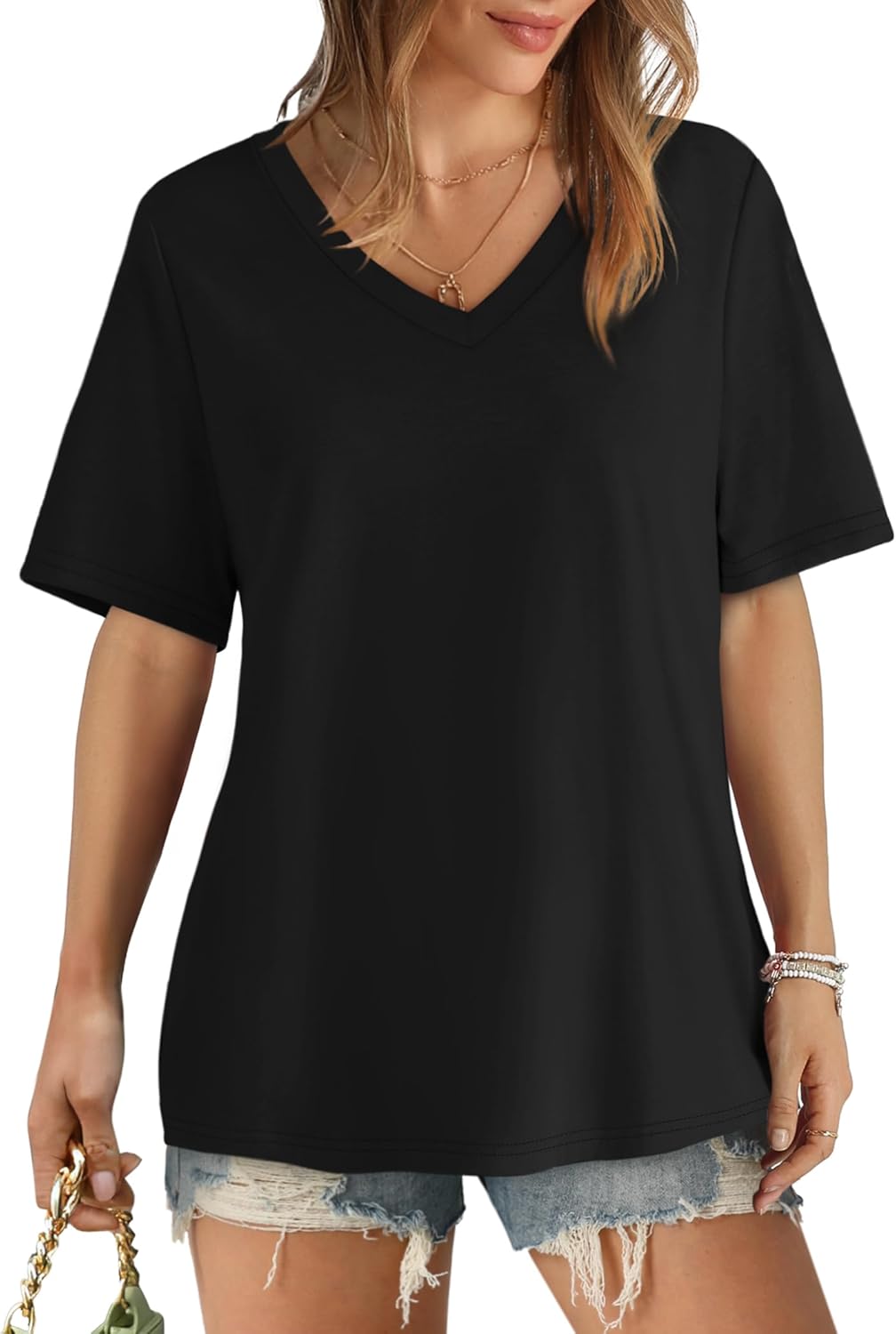 Womens T Shirts V Neck Short Sleeve Casual Loose Tees Tops 2025 Trending Now - Picture 20 of 69