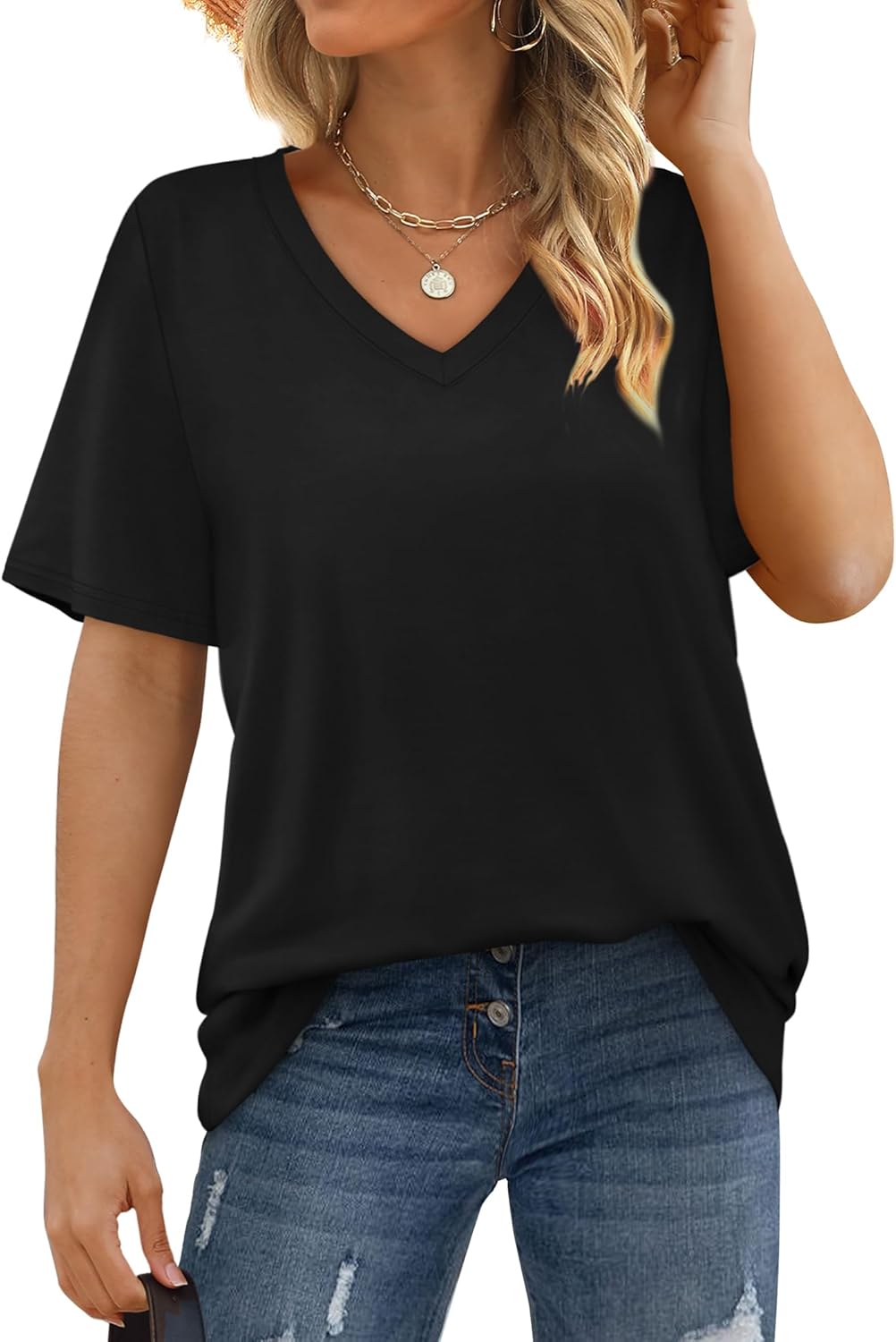 Womens T Shirts V Neck Short Sleeve Casual Loose Tees Tops 2025 Trending Now - Picture 21 of 69