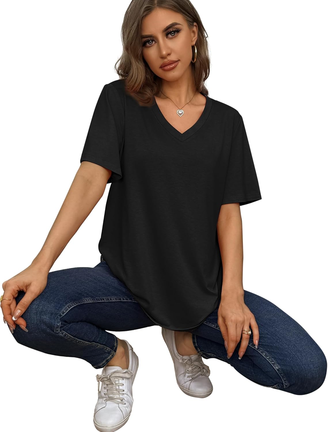 Womens T Shirts V Neck Short Sleeve Casual Loose Tees Tops 2025 Trending Now - Picture 22 of 69