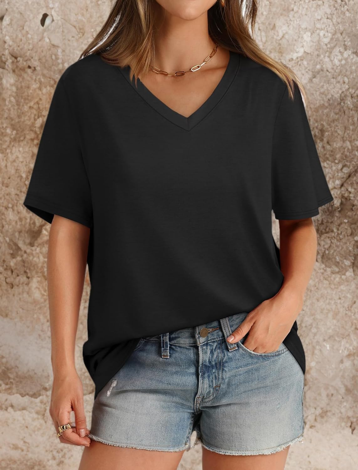 Womens T Shirts V Neck Short Sleeve Casual Loose Tees Tops 2025 Trending Now - Picture 24 of 69