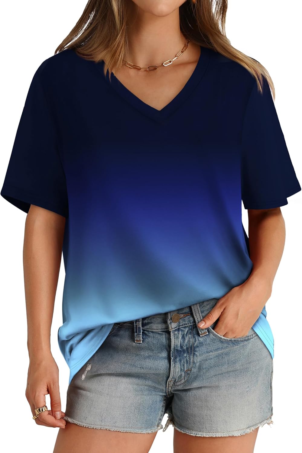 Womens T Shirts V Neck Short Sleeve Casual Loose Tees Tops 2025 Trending Now - Picture 30 of 69