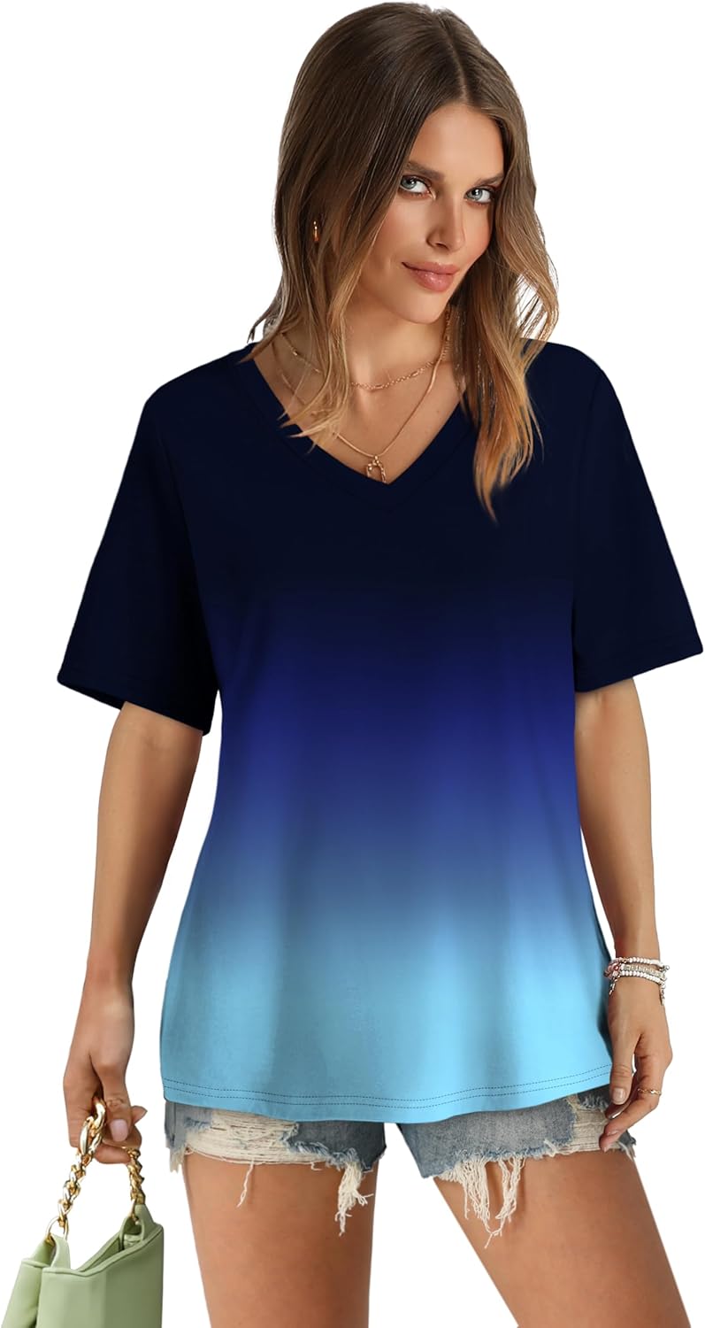 Womens T Shirts V Neck Short Sleeve Casual Loose Tees Tops 2025 Trending Now - Picture 31 of 69