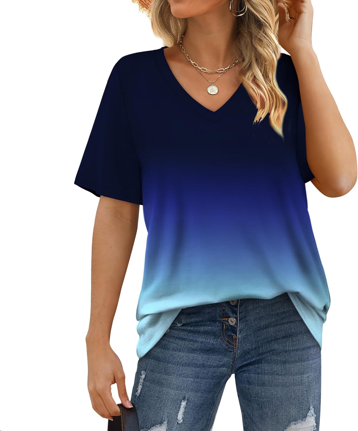 Womens T Shirts V Neck Short Sleeve Casual Loose Tees Tops 2025 Trending Now - Picture 32 of 69